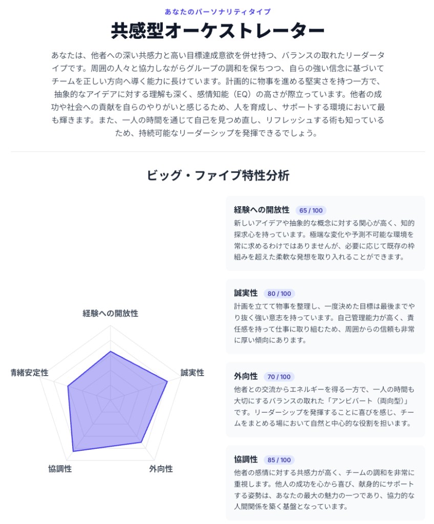 価値観・強み発見 パーソナリティ診断の画面イメージ（共感型オーケストレーター、ビッグ・ファイブ特性分析）